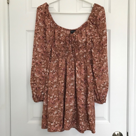 Streetwear Society Sweetheart Neckline Tie Floral Dress S Brown Pink Long Sleeve - Picture 2 of 15